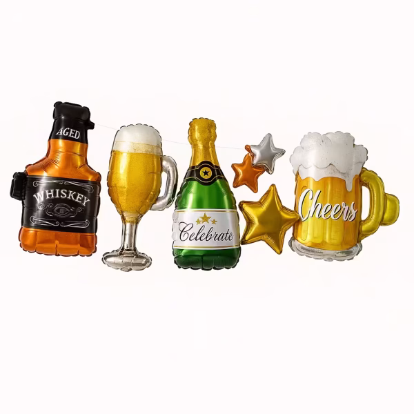 Balon din folie cu format orizontal ilustrand o sticla de whiskey un pahar cu bere o sticla verde de sampanie cu mesajul Celebrate si o halba de bere cu mesajul Cheers separate de stelute metalizate