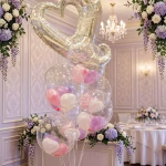 Decor spectaculos de petrecere cu un buchet de baloane bobo transparente plutitoare, fiecare avand in interior mini-baloane pastelate sub forma de inima.