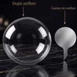 Comparatie vizuala intre un balon bobo plat inainte de umflare si forma sa sferica si 100% transparenta obtinuta dupa umflare.