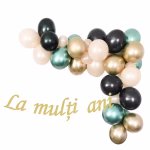 Arcada organica formata din baloane latex in nuante de negru, piersica pastel, auriu chrome si verde chrome, insotita de un banner elegant cu textul auriu La multi ani