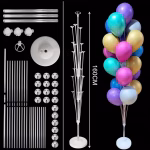 Suport din plastic inalt de 160 cm pentru 19 baloane prezentat asamblat alaturi de piesele componente si un aranjament colorat finalizat