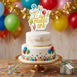 Topper Tort La Multi Ani Baloane si Lumanari (Auriu) topper tort la multi ani auriu baloane lumanari carton decoratiuni petrecere copii aniversare vesela