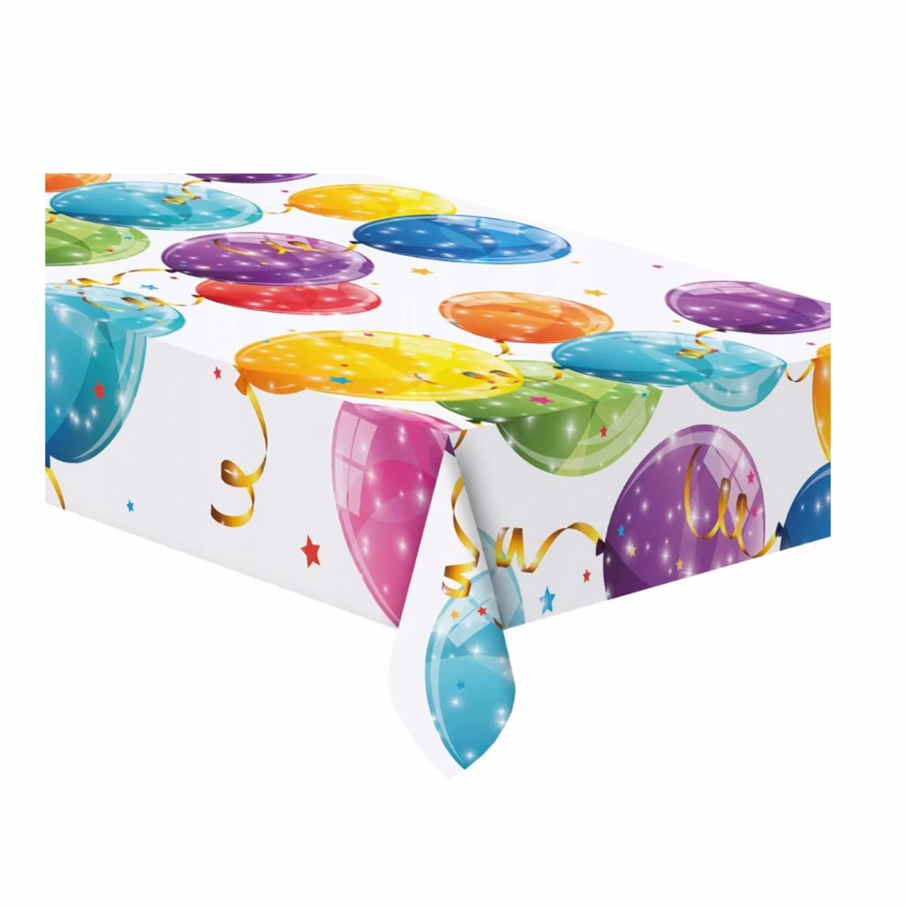 Fata de Masa Party Sparkling Balloons Fata de masa pentru petreceri din plastic cu imprimeu Sparkling Balloons, fundal alb decorat cu baloane multicolore lucioase, stelute si serpentine aurii.