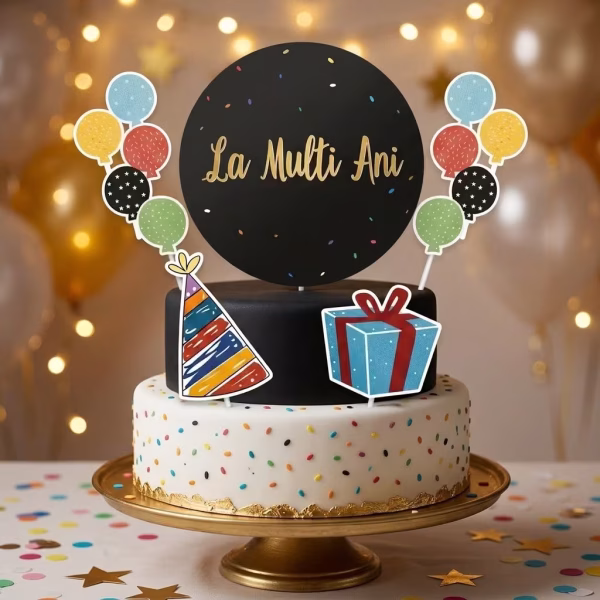 set 5 toppere tort la multi ani Mockup cu set de 5 toppere tort La Multi Ani asezat pe un tort etajat, incluzand baloane colorate, coif si un cadou.