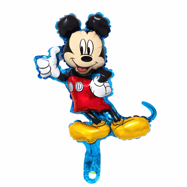 Mini-balon din folie ilustrand figurina Mickey Mouse zambind si aratand semnul de apreciere cu degetul mare in sus avand pantaloni rosii si pantofi galbeni pe un fundal cu contur albastru metalizat neregulat
