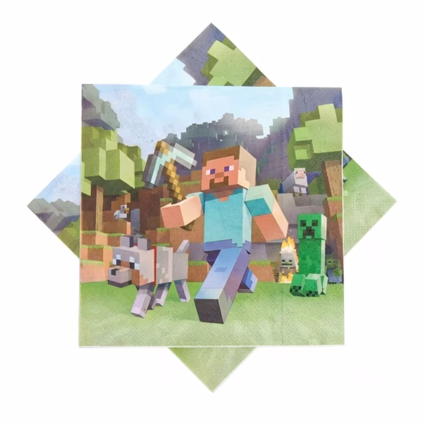 Set 20 Servetele Hartie Minecraft Set de 20 servetele din hartie pentru petrecere, dimensiune 33x33 cm, ilustrand personajele Steve cu tarnacopul, un lup de companie si un Creeper din jocul Minecraft, intr-un decor pixelat de padure.