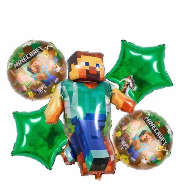 set 5 baloane folie minecraft Set complet de 5 baloane din folie metalizata pentru petrecere tematica Minecraft, incluzand o figurina gigant cu personajul Steve si unelte pixelate, doua baloane rotunde cu personajele din joc si doua baloane in forma de stea verde.