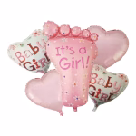 set 5 baloane folie cu piciorus it s a girl Set de 5 baloane din folie pentru petreceri de fetite. Contine un balon central gigant in forma de piciorus roz cu textul It's a Girl, flancat de 4 baloane in forma de inima in nuante de roz pastel si imprimeu floral Baby Girl.