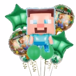 set 9 baloane minecraft Set complet de 9 baloane pentru petrecere tematica Minecraft, incluzand un balon folie figurina Steve de 60 cm, doua baloane rotunde tematice, doua baloane stea verde, si 4 baloane din latex asortate (verzi si cu confetti).