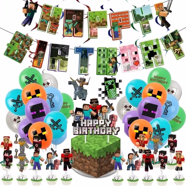 set complet petrecere minecraft Kit complet de decoratiuni pentru petrecere tematica Minecraft, format din 44 de piese: banner Happy Birthday, 18 baloane colorate cu imprimeu pixelat, topper mare pentru tort si 24 de toppere mici pentru briose.