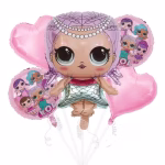 Set de 5 baloane din folie incluzand o figurina centrala papusa L.O.L. Surprise sirena cu par mov si perle doua baloane rotunde cu grupul de papusi si doua baloane in forma de inima roz uni