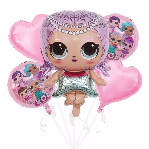 Set de 5 baloane din folie incluzand o figurina centrala papusa L.O.L. Surprise sirena cu par mov si perle doua baloane rotunde cu grupul de papusi si doua baloane in forma de inima roz uni