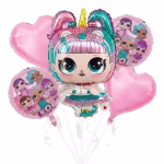 Set de 5 baloane din folie incluzand o figurina centrala papusa L.O.L. Surprise Unicorn cu par pastelat in nuante de roz si turcoaz corn galben doua baloane rotunde cu grupul de papusi si doua baloane in forma de inima roz uni