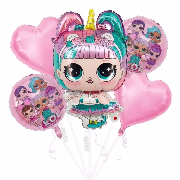Set de 5 baloane din folie incluzand o figurina centrala papusa L.O.L. Surprise Unicorn cu par pastelat in nuante de roz si turcoaz corn galben doua baloane rotunde cu grupul de papusi si doua baloane in forma de inima roz uni