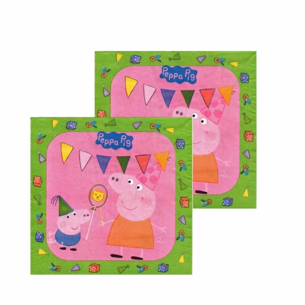 Doua servetele de masa cu fundal roz si margine verde ilustrandu-i pe Peppa Pig in rochie portocalie si George cu un balon leu bucurandu-se de o petrecere cu ghirlande si cadouri