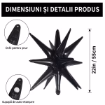 Infografic cu detalii tehnice pentru balon folie stea 3D negru. Prezinta inaltimea totala de 55 cm, supapa de auto-etansare de la baza si urechiusa (ochiul) pentru prinderea cu snur.