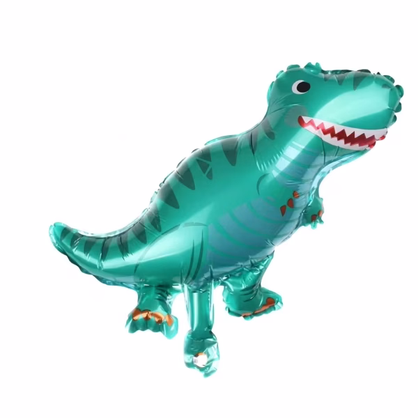 Balon din folie in forma de dinozaur t rex verde smarald cu dungi inchise pe spate avand dimensiunea de 30 cm in stare neumflata