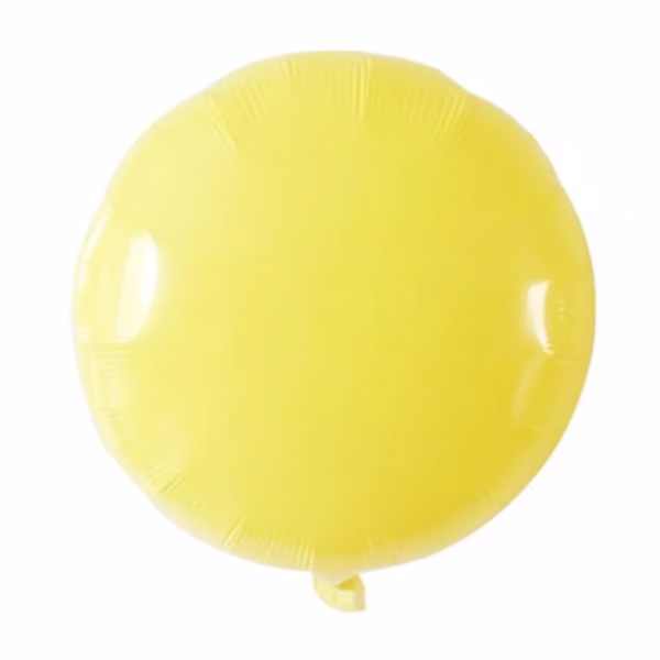 Balon din folie de forma rotunda avand o culoare galben pal pastelat cu un finisaj neted si o supapa vizibila in partea inferioara