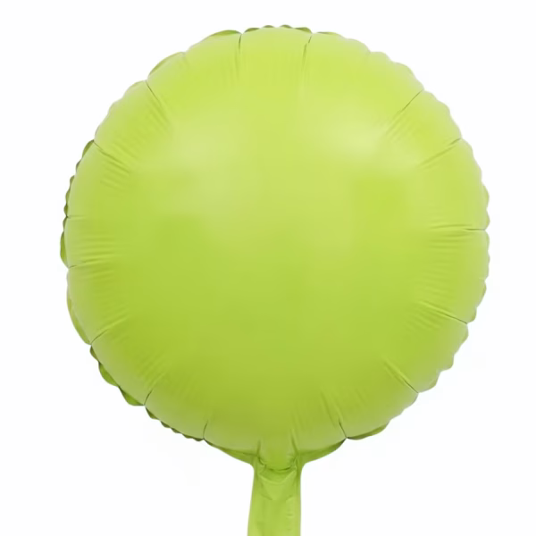 Balon din folie de forma rotunda avand o culoare verde pal pastelat cu un finisaj fin si o supapa vizibila in partea inferioara