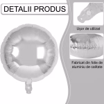 Colaj foto explicativ cu detaliile tehnice ale balonului rotund argintiu: supapa usor de utilizat, folie de aluminiu calitativa si forma 3D dupa umflare.