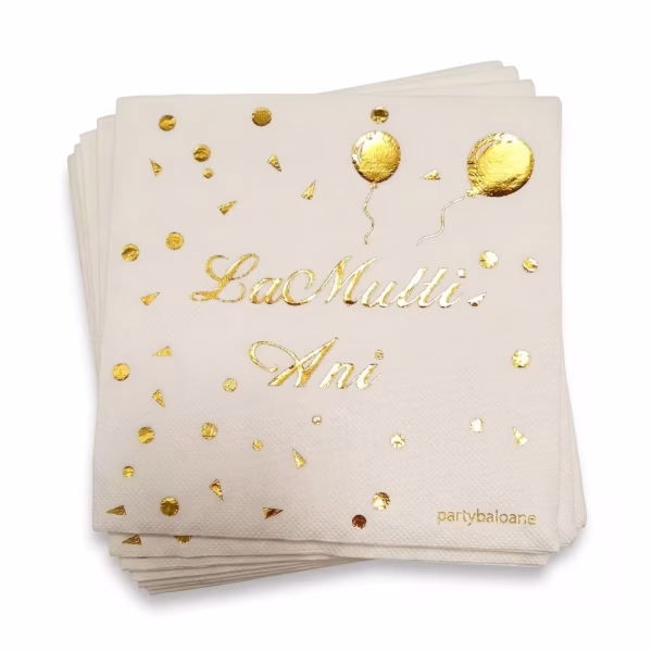 pachet 10 servetele albe cu auriu Pachet de 10 servetele din hartie alba pentru petrecere, dimensiune 33x33 cm. Design elegant cu textul La Multi Ani, doua baloane si elemente tip confetti, toate imprimate cu folie aurie stralucitoare.