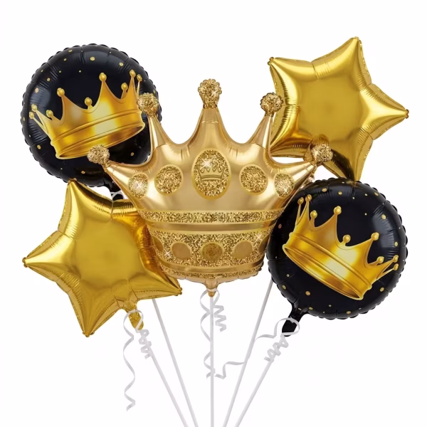 Buchet format dintr un balon gigant din folie in forma de coronita aurie incadrat de doua baloane stea aurii si doua baloane rotunde negre cu imprimeu regal
