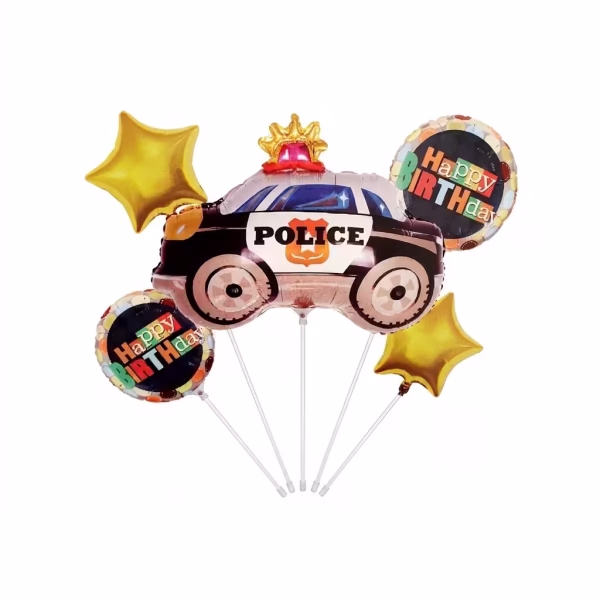 set 5 baloane folie masina politie Set de 5 baloane din folie pentru petrecere, baieti. Include un balon central urias in forma de masina de politie, doua baloane rotunde cu mesajul Happy Birthday si doua baloane in forma de stea aurie.