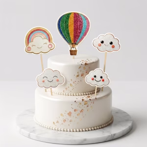 Set 5 toppere tort balon aer cald si nori, Carton Decoratiune vesela pe un tort formata din set 5 toppere tort balon aer cald si nori carton glitter
