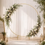 arcada cerc auriu Arcada rotunda din metal auriu cu diametrul de 2 metri, suport stabil cu doua baze inferioare pentru decoruri din flori si baloane.