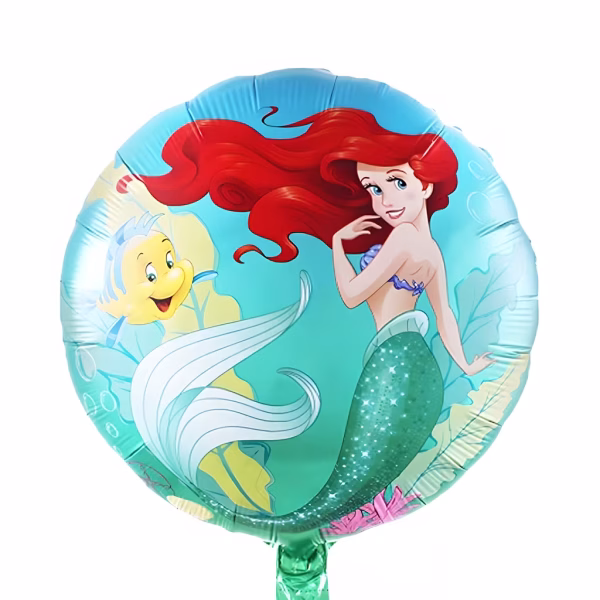 Balon rotund din folie cu printesa sirena Ariel si pestisorul Flounder pe un fundal acvatic in nuante de turcoaz