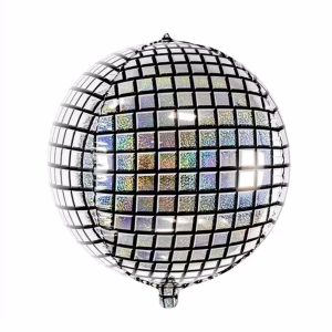 Balon Din Folie De Forma Sferica Tip 4D Orbz Cu Un Imprimeu Stralucitor Format Din Patratele Argintii Cu Reflexii Holografice Imitand Perfect Un Glob Disco Cu Oglinzi