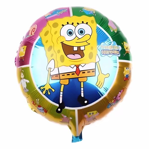 Balon din folie rotund ilustrandu-l central pe SpongeBob Pantaloni Patrati zambind cu gura deschisa pe un fundal albastru alaturi de logo-ul serialului fiind incadrat de o bordura multicolora in nuante de verde roz si portocaliu cu mini-ilustratii ale altor personaje