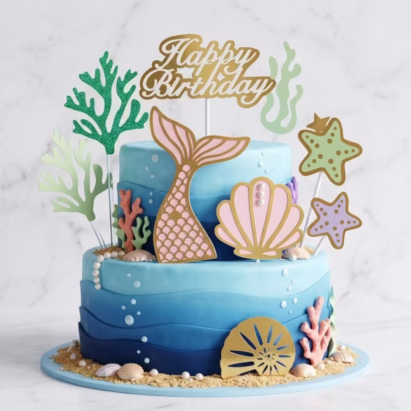 Set 8 Toppere Tort Sirenă și Scoici Tort etajat cu model de valuri albastre, decorat spectaculos cu un set de 8 toppere tematice: coadă de sirenă roz cu auriu, scoici, stele de mare, alge și mesajul Happy Birthday.