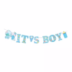 banner ghirlanda it s a boy Banner ghirlanda din carton pentru petreceri de baietei, cu mesajul It s Boy, decorat cu ilustratii specifice bebelusilor precum carucior si biberon, pe fond bleu cu contur alb.