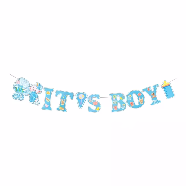banner ghirlanda it s a boy Banner ghirlanda din carton pentru petreceri de baietei, cu mesajul It s Boy, decorat cu ilustratii specifice bebelusilor precum carucior si biberon, pe fond bleu cu contur alb.
