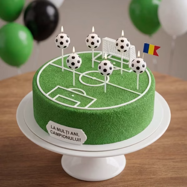 Set 6 Lumanari Tort Minge Fotbal Tort aniversar decorat ca un teren de fotbal verde cu porti si sase lumanari in forma de minge de fotbal 3D