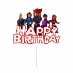 Detalii grafice topper tort Roblox din carton cu mesajul Happy Birthday cu contur rosu si 5 avatare populare din joc.
