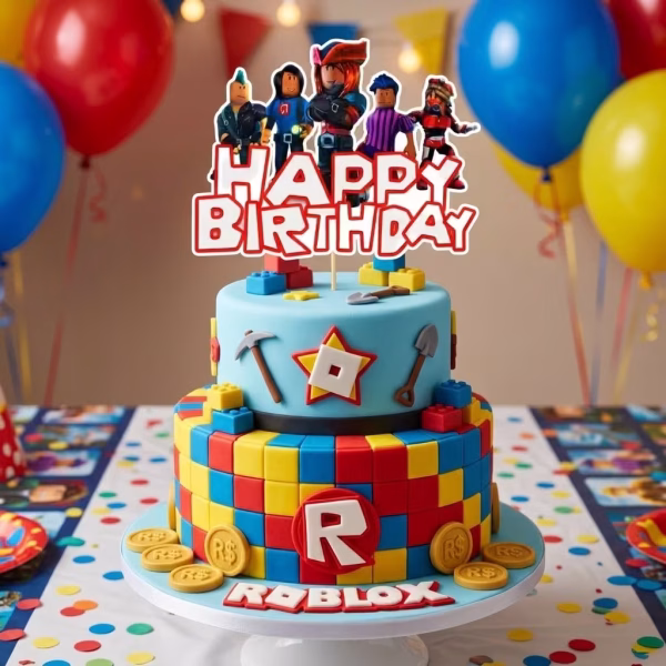 Topper Tort Happy Birthday Roblox Mockup cu topper de tort Happy Birthday Roblox așezat pe un tort etajat colorat, decorat cu elemente specifice din jocul Roblox.
