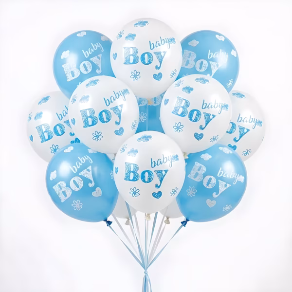 Set 10 baloane latex baby boy 26 cm, Gemar Buchet festiv format din set 10 baloane latex baby boy 26 cm marca Gemar pentru botez baietel