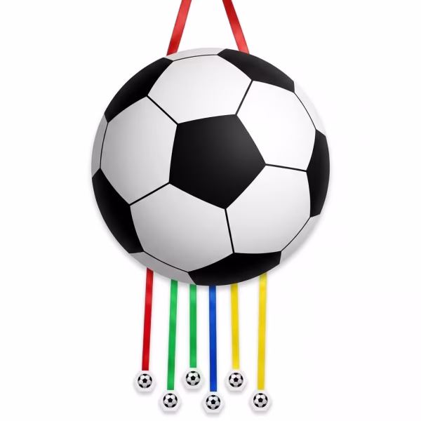 pinata minge fotbal clasica Pinata din carton in forma de minge de fotbal alb-negru, cu maner rosu si panglici colorate in partea de jos.