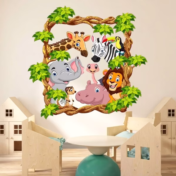 Autocolant perete tip rama din liane si frunze cu animale de safari (elefant, girafa, leu, zebra) aplicat intr-o camera de joaca.