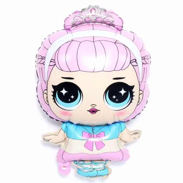 Balon din folie decupat in forma papusii L.O.L. Surprise cu par roz pastelat coronita argintie ochi mari albastri top albastru cu funda roz si pantofiori de balet albastri