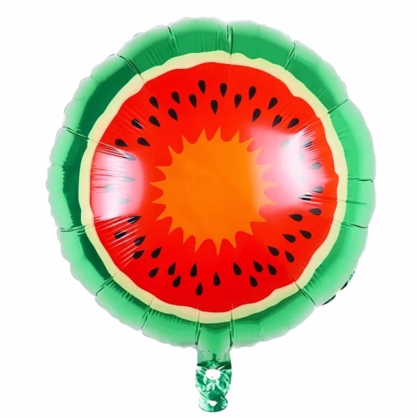 Balon din folie rotund ilustrand o sectiune transversala de pepene verde avand coaja verde un strat subtire albicios pulpa rosie presarata cu seminte negre si un miez portocaliu in forma de stea