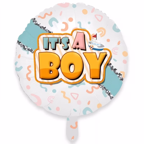 Balon din folie rotund cu fundal alb si forme abstracte pastelate avand central mesajul It's a Boy in culori albastru roz si galben portocaliu alaturi de un mic vaporas
