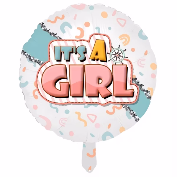Balon din folie rotund cu fundal alb si forme abstracte pastelate avand central mesajul It's a Girl in culori albastru galben si roz alaturi de o carma de vaporas