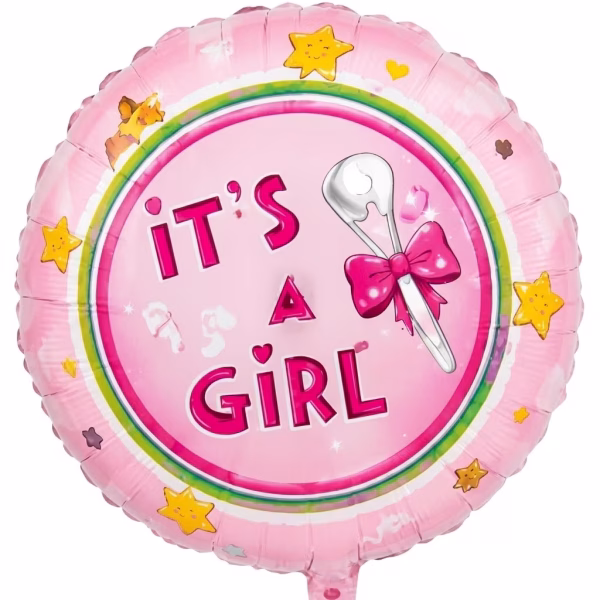 Balon din folie rotund cu fundal roz pe care este imprimat central mesajul It's a Girl cu litere magenta alaturi de un ac de siguranta cu fundita roz si stelute galbene zambitoare pe margine