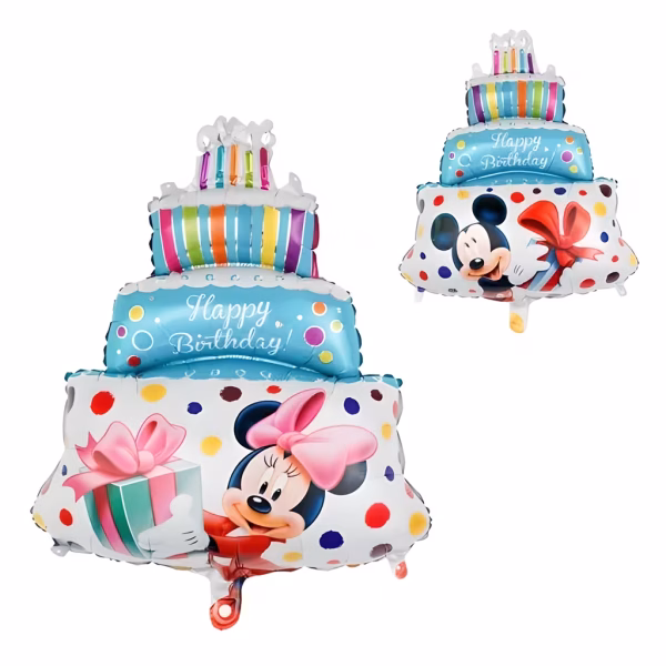 balon folie minnie si mickey mouse Balon din folie in forma de tort aniversar etajat, ilustrand-o pe Minnie Mouse cu un cadou pe o parte si pe Mickey Mouse pe cealalta parte.