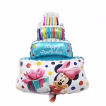 Balon din folie in forma de tort aniversar etajat, ilustrand-o pe Minnie Mouse cu un cadou pe o parte si pe Mickey Mouse pe cealalta parte.
