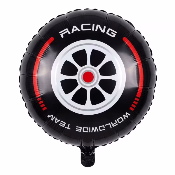Balon rotund din folie in forma de roata auto de curse cu anvelopa neagra janta argintie cu centru rosu linii rosii curbe si textele albe racing si worldwide team