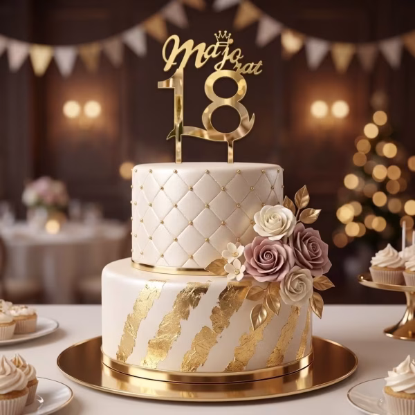 topper tort majorat 18 auriu topper tort majorat 18 auriu plexiglas oglinda acrilic elegant aniversare 18 ani baieti fete decoratiuni petrecere tort etajat flori aurii